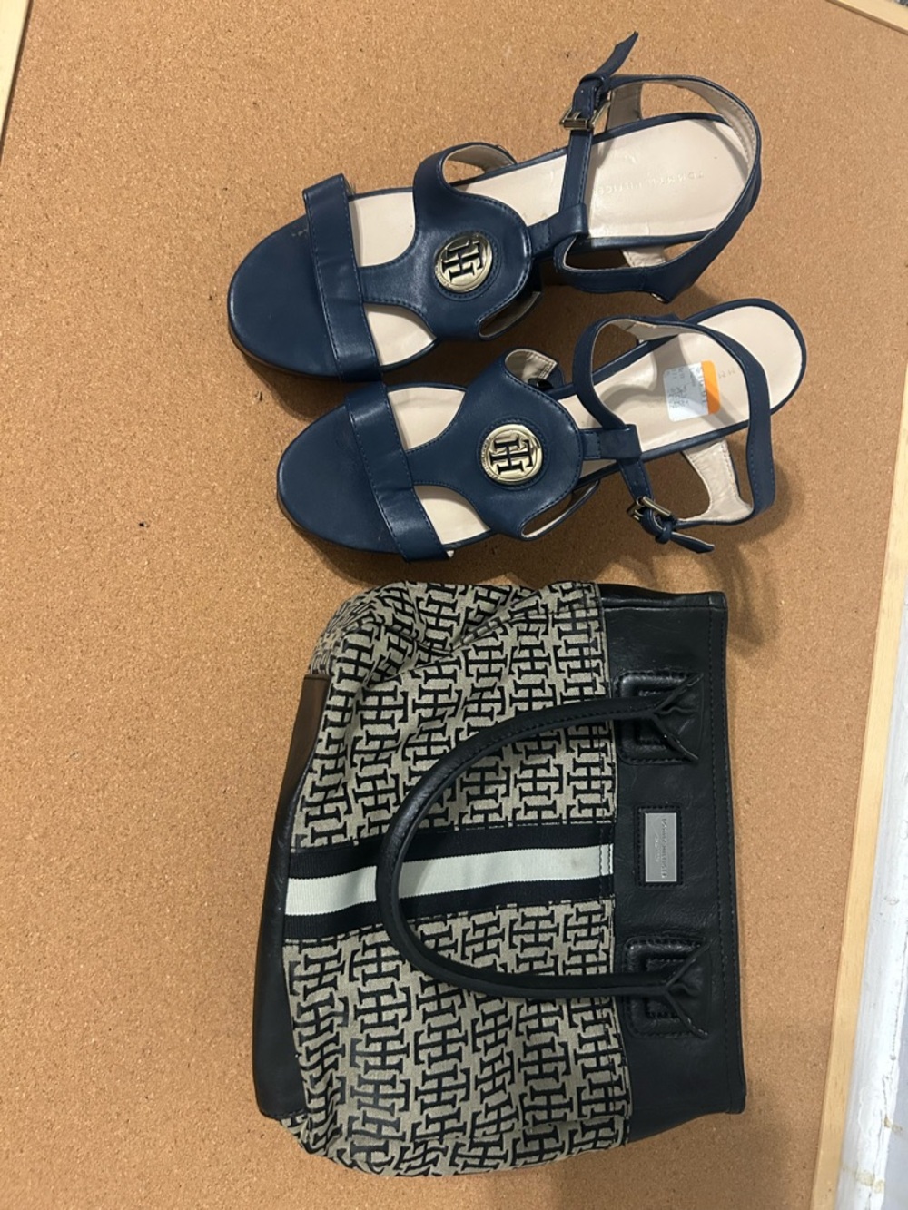 Tommy Hilfiger Navy and Cream Leather Wedge Sandals and Tommy Hilfiger Purse.